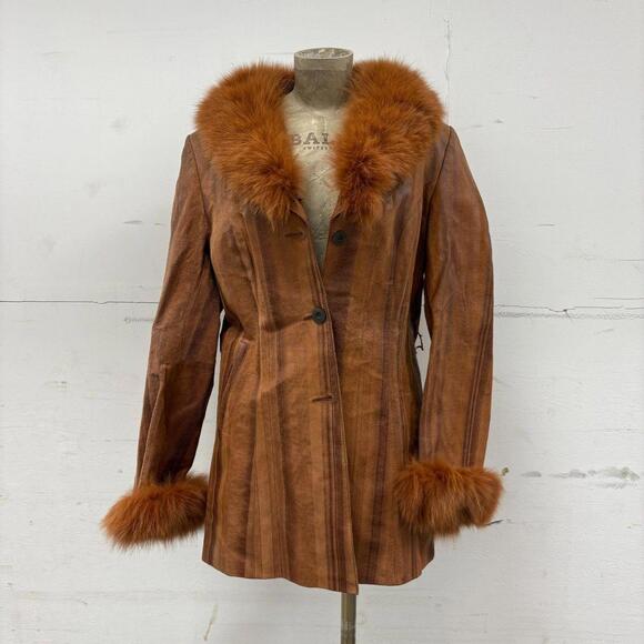 Jackets & Blazers - Vintage Y2K Cognac Leather & Fox Fur Statement Coat